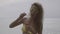 Pretty young happy woman wearing bikini doing soap bubbles during her holiday with beatiful sea view behind in slow motion