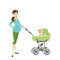 Pretty young pregnant woman with a pram and baby