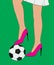 Pretty young slim girl holds soccer ball under shoe heel. Hand drawn color sketch. Conceptual vector illustration of