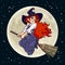 Pretty young witch flying on broom stick on full Moon background. Hand drawn vector.