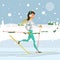 Pretty young woman on cross country skiing running in the woods