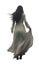 pretty young woman with long black hair and white dress walking away. Transparent PNG file.