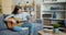 Pretty young woman playing the guitar in cozy apartment having fun alone
