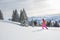 Pretty, young woman snowshoeing in high mountains