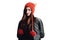 Pretty young woman wearing a hand knitted red hat on white background. Isolated. Beautiful girl in with Ear flap.