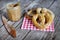 Pretzels with wholegrain mustard, food snack bread picnic