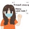 Prevent covid-19, please wear mask. cute girl in orange shirt wearing mask. poster for help reduce the risk of catching covid-19