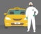 Prevention of coronavirus, covid-19. A taxi driver in a white protective suit, face mask, glasses and gloves next to the car