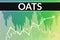 Price change on trading Oats futures on green and yellow finance background from graphs, charts, columns, pillars, candles, number