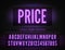 Price night light box glowing effect narrow font with numbers on dark wall background. Vector violet neon box alphabet