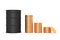 Price oil brentdown concept. Black oil barrel and money gold coins. Pile of coins, 3d illustration