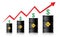 The price of oil is rising. Barrels of oil, dollar and infographics with a red up arrow. Rising crude oil prices concept, vector