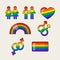 Pride LGBTQ+ icon set, LGBTQ+ related symbols set in rainbow colors. Gay Pride Month. Flat design