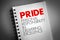 PRIDE - Personal Responsibility In Delivering Excellence acronym on notepad, concept background