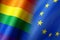 Pride rainbow lgbt gay flag and European Union flag. Equality diversity freedom in EU