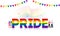 Pride text in rainbow color with gay and lesbian couples on glossy white background.
