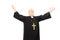 Priest in black mantle gesturing with hands