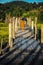 Priest and dog walk on a small wooden bridge.