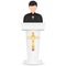 Priest giving speech from tribune. Catholic preacher person. Pastor servant of god in cassock. Vector illustration