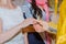 Priest placing wedding ring to bride on orthodox wedding ceremony