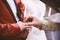 Priest putting wedding ring on the grooms finger, marriage vow, Christian traditions