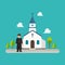 Priest standing in front of Church in flat style design