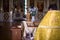 the priest standing with his back to the altar in the temple Orthodox Church