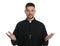 Priest wearing cassock with clerical collar on white background