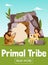 Primal tribe life banner with cave people characters flat vector illustration.