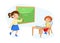 Primary Education, Back to School Concept. Little Schoolboy Character Sitting at Desk Rising Hand to Answer Lesson