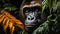 Primate portrait: Cute orangutan staring, green forest, Amazon strength generated by AI