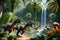 Primeval Rush: Dinosaurs Captured Mid-Stampede, Vibrant Tropical Foliage Surrounding Them, Ferns and Palms Bending in Their Wake