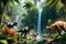 Primeval Rush: Dinosaurs Captured Mid-Stampede, Vibrant Tropical Foliage Surrounding Them, Ferns and Palms Bending in Their Wake