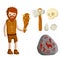 Primitive caveman. Prehistoric hunter. Stone age. Man with wooden club. Tribal items. Concept of history and archeology