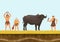 Primitive hunters or cavemen character with wild bull vector illustration. Hunting with primitive weapons. Flat cartoon