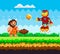 Primitive man attacks flying iron robot in jet boots. Pixelated natural landscape with caveman