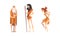 Primitive Man and Woman Character from Stone Age Wearing Animal Skin Vector Set