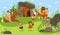 Primitive people family, happy prehistoric children playing, stone age parents using tools, vector illustration