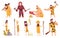 Primitive people in stone age cartoon icons set with cavemen pelt with weapon and ancient animals isolated vector