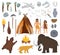 Primitive people vector mammoth and ancient caveman character in stone age cave illustration prehistoric man with stoned