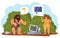 Primitive tribe people with modern technology, cave man and woman dreaming of new pc