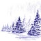 Primitive winter landscape fir forest. Hand made sketch with ballpoint pen on paper texture. Isolated on white. Bitmap