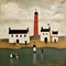Primitivist Painting Of People On Shore With Lighthouse