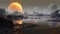 Primordial alien world with dark rocky terrain, shallow lakes, and a large orange moon reflecting in water. Generative AI
