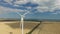 Primposad, Ukraine - July2017: Working group of several wind mills on the farm. Aerial survey