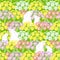 Primrose, and white hare seamless pattern. Pink, blue, violet spring flowers, green leaves, rabbit background