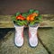 Primula plants in a pair of boots