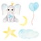 Prince baby elephant hand drawn raster illustration