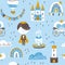 Prince seamless pattern. Vector illustration of cute boy character in fairy kingdom in simple hand drawn cartoon style