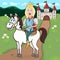 Prince on a white horse, cartoon drawing, vector illustration, animated character. Funny cute smiling prince blond boy with blue e